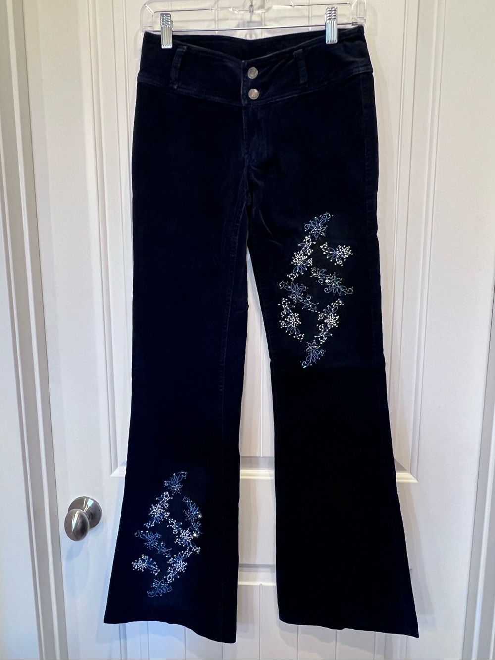 Velvet Beaded Embroidered Navy Flare Pants Stretch Retro Boho Cowgirl Small